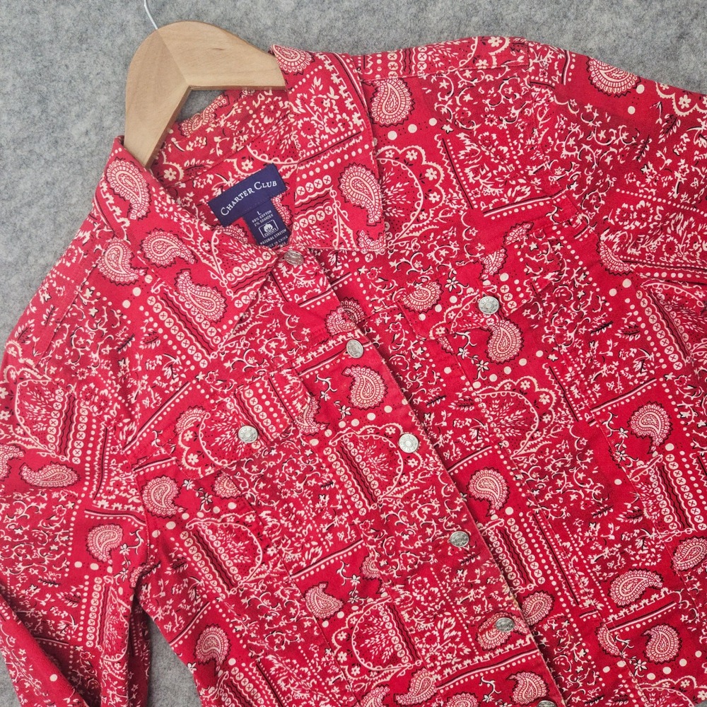 Charter Club Women's Red Jean Jacket Size L Cotton Bandana Paisley Print Stretch